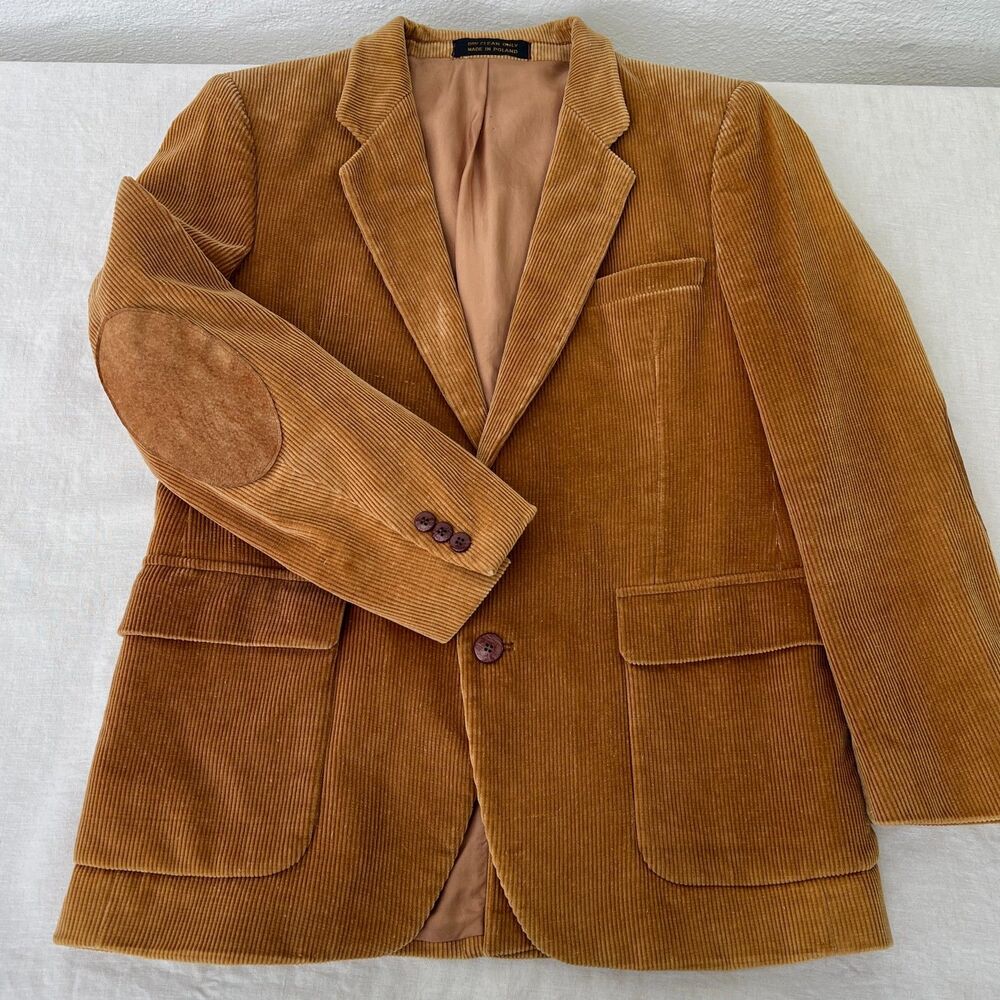 VTG 70s Richman Brothers Tan Corduroy Blazer Ivy League Suede Elbow Patches 40S